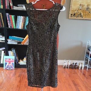 Le Chateau Black and Gold Lace Midi Dress